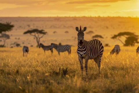 Zebras in the wilderness with a beautiful sunset view