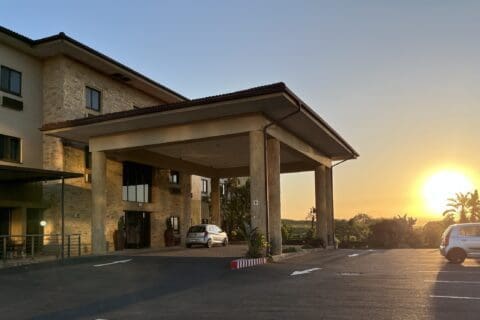 Hampshire hotel entrance with a beautiful sunset